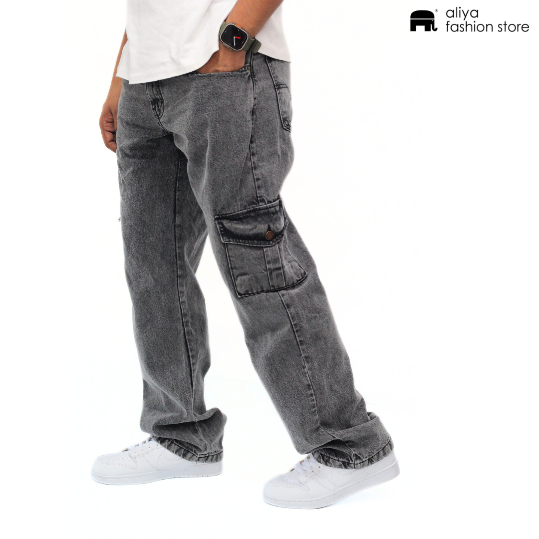 Metal Grey Acid Wash Regular Fit Denim Cargo Jeans