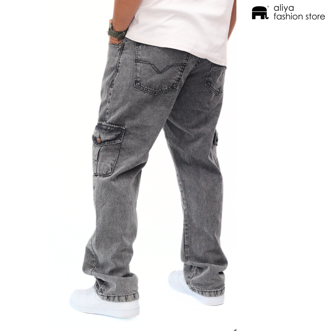 Metal Grey Acid Wash Regular Fit Denim Cargo Jeans