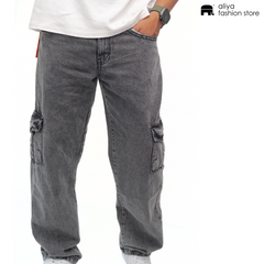 Metal Grey Acid Wash Regular Fit Denim Cargo Jeans