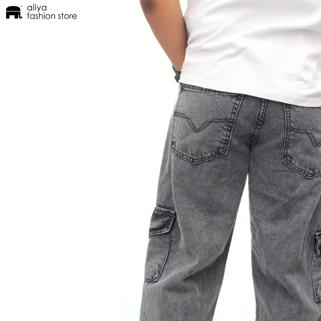 Metal Grey Acid Wash Regular Fit Denim Cargo Jeans