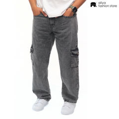 Metal Grey Acid Wash Regular Fit Denim Cargo Jeans